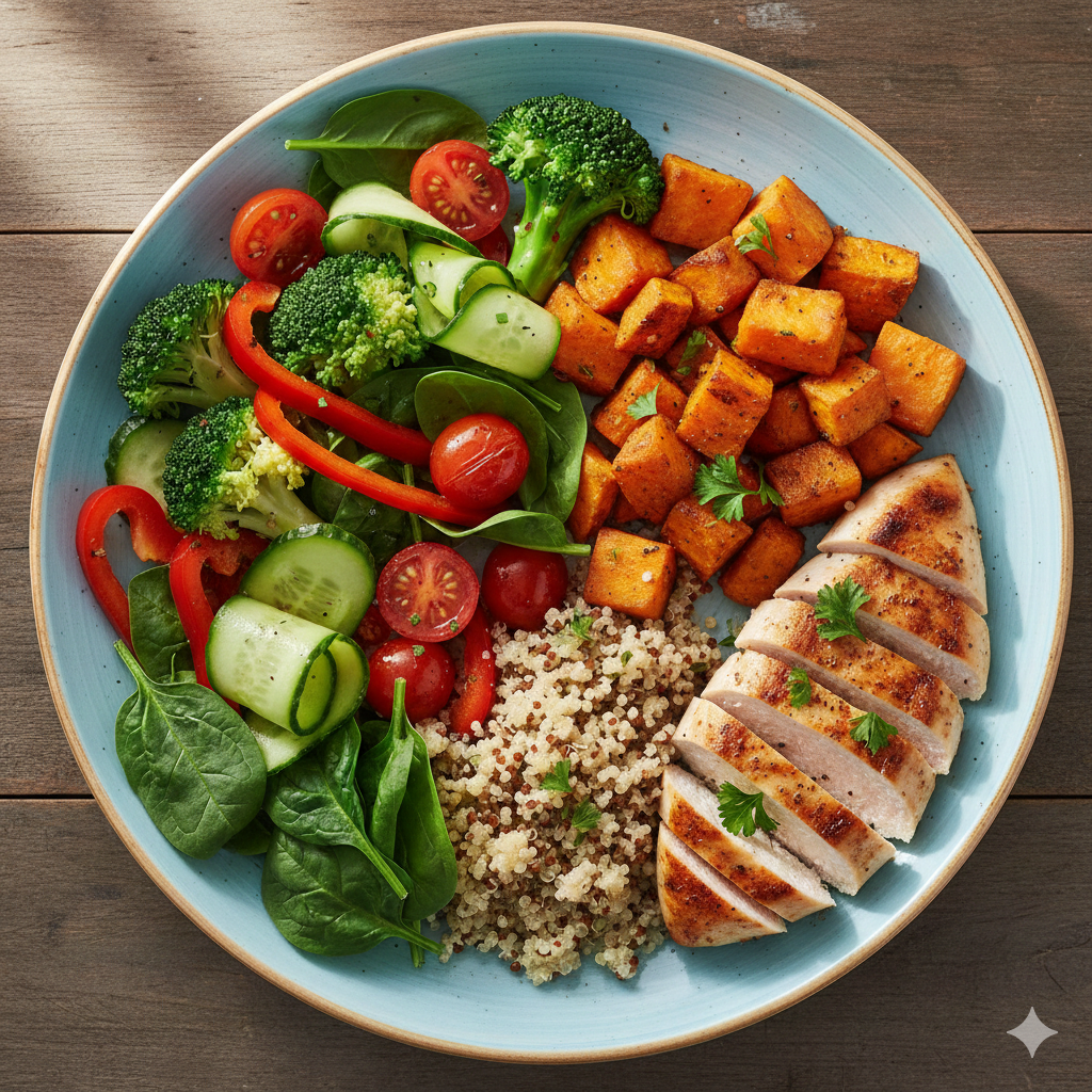 Diététicienne expliquant les proportions d'une assiette équilibrée dans une cuisine familiale