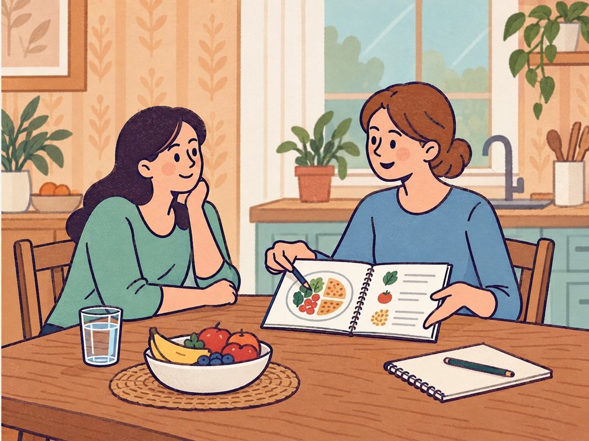 Illustration : consultation diététique à domicile, autour de la table de la cuisine